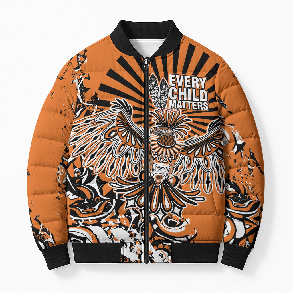 Canada Indigenous Orange Bomber Puffer Jacket Haida Art Thunder Bird