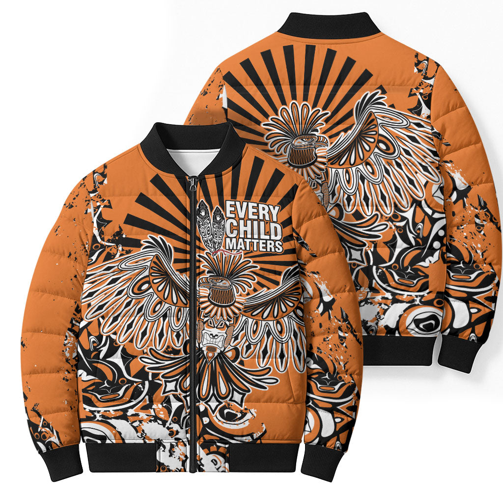 Canada Indigenous Orange Bomber Puffer Jacket Haida Art Thunder Bird