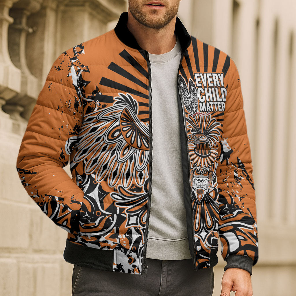 Canada Indigenous Orange Bomber Puffer Jacket Haida Art Thunder Bird