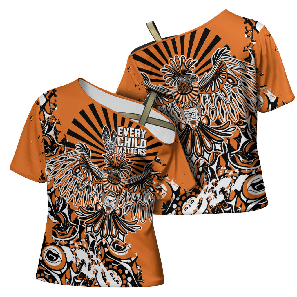 Canada Indigenous Orange Cross Shoulder Shirt Haida Art Thunder Bird