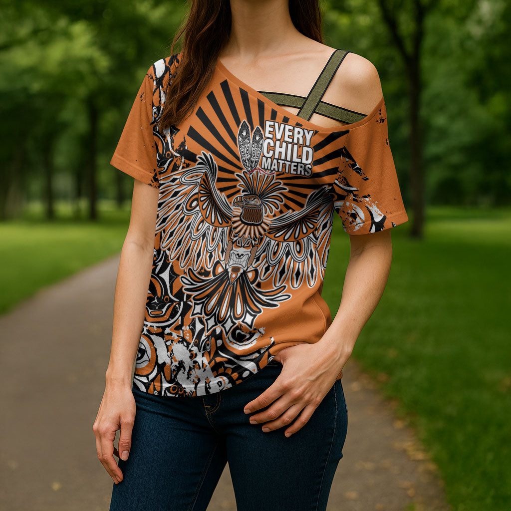 Canada Indigenous Orange Cross Shoulder Shirt Haida Art Thunder Bird