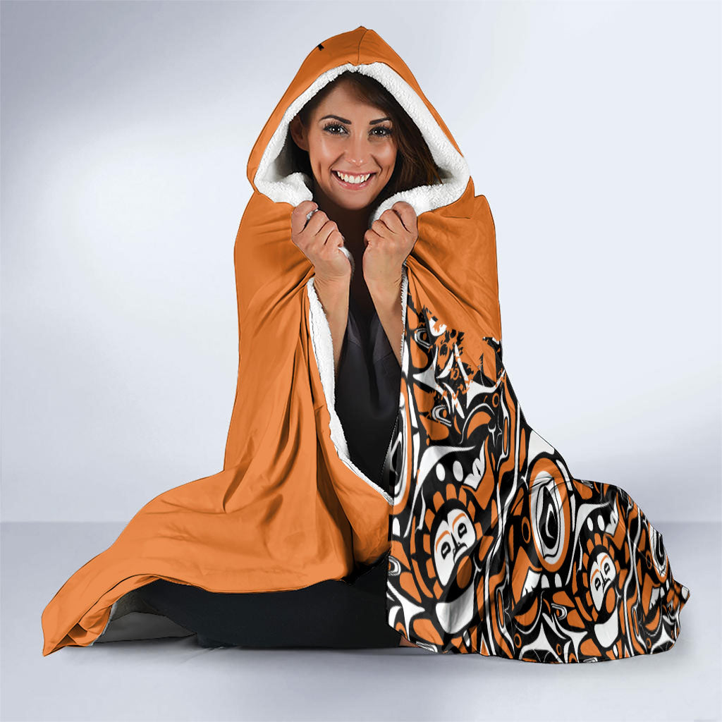 Canada Indigenous Orange Hooded Blanket Haida Art Thunder Bird