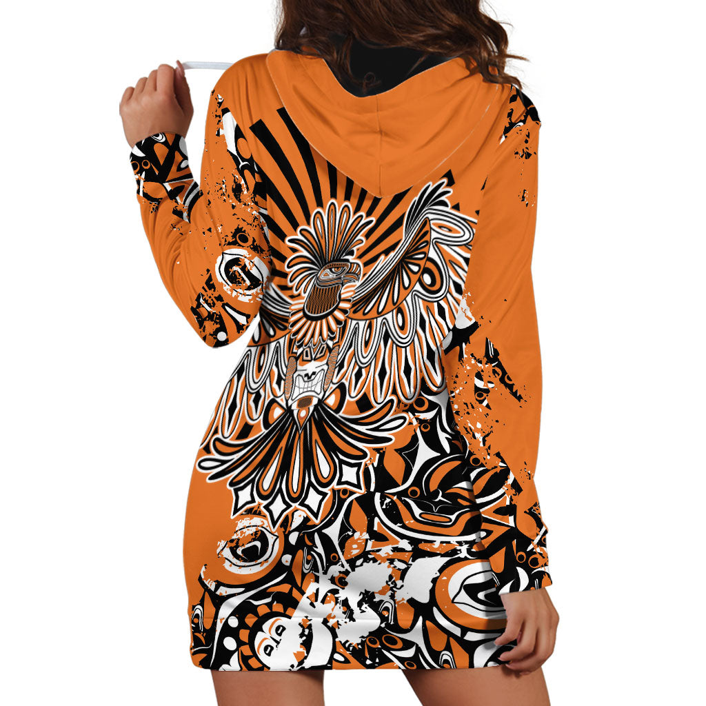 Canada Indigenous Orange Hoodie Dress Haida Art Thunder Bird