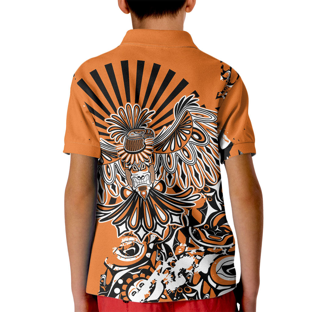 Canada Indigenous Orange Kid Polo Shirt Haida Art Thunder Bird