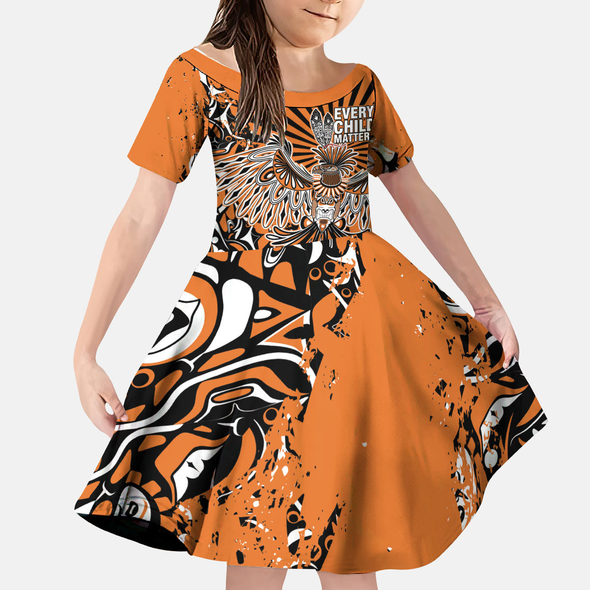 Canada Indigenous Orange Kid Short Sleeve Dress Haida Art Thunder Bird