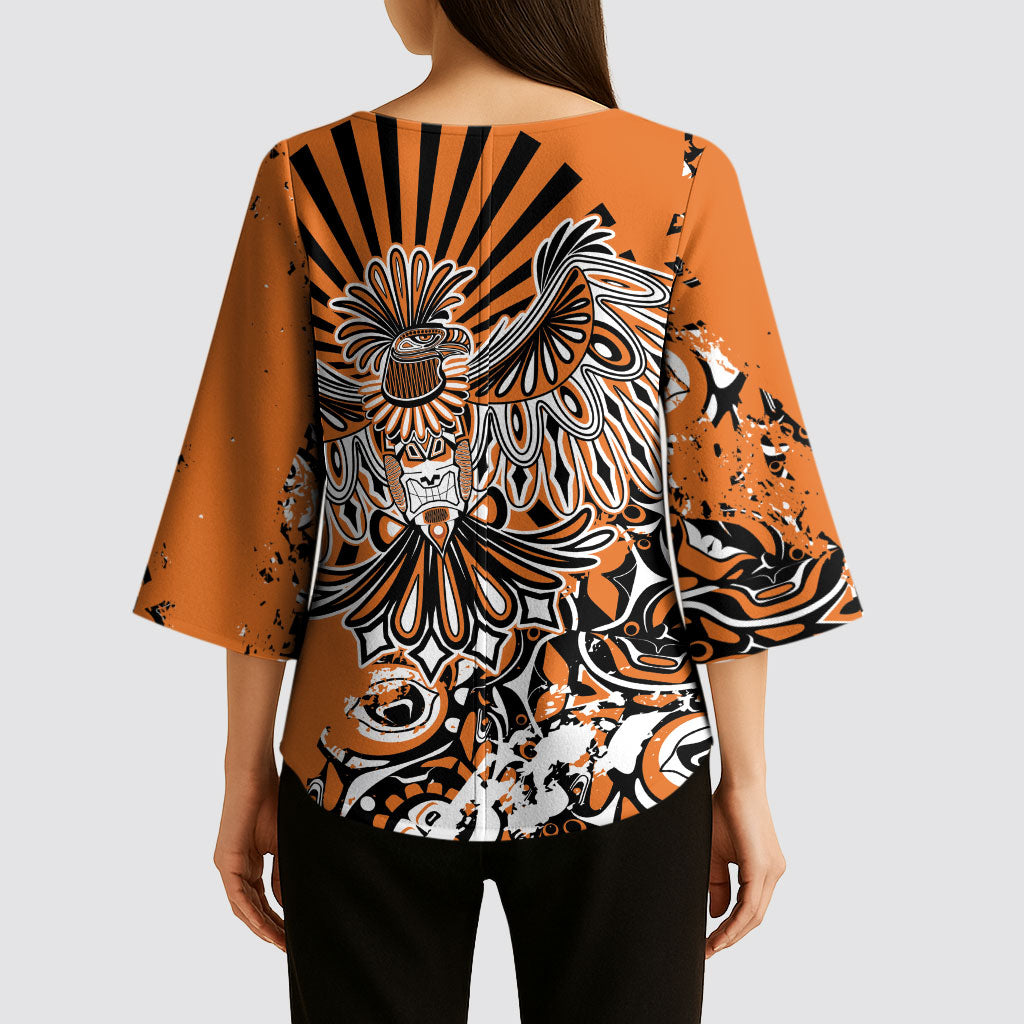 Canada Indigenous Orange Kimono Sleeve Blouse Haida Art Thunder Bird