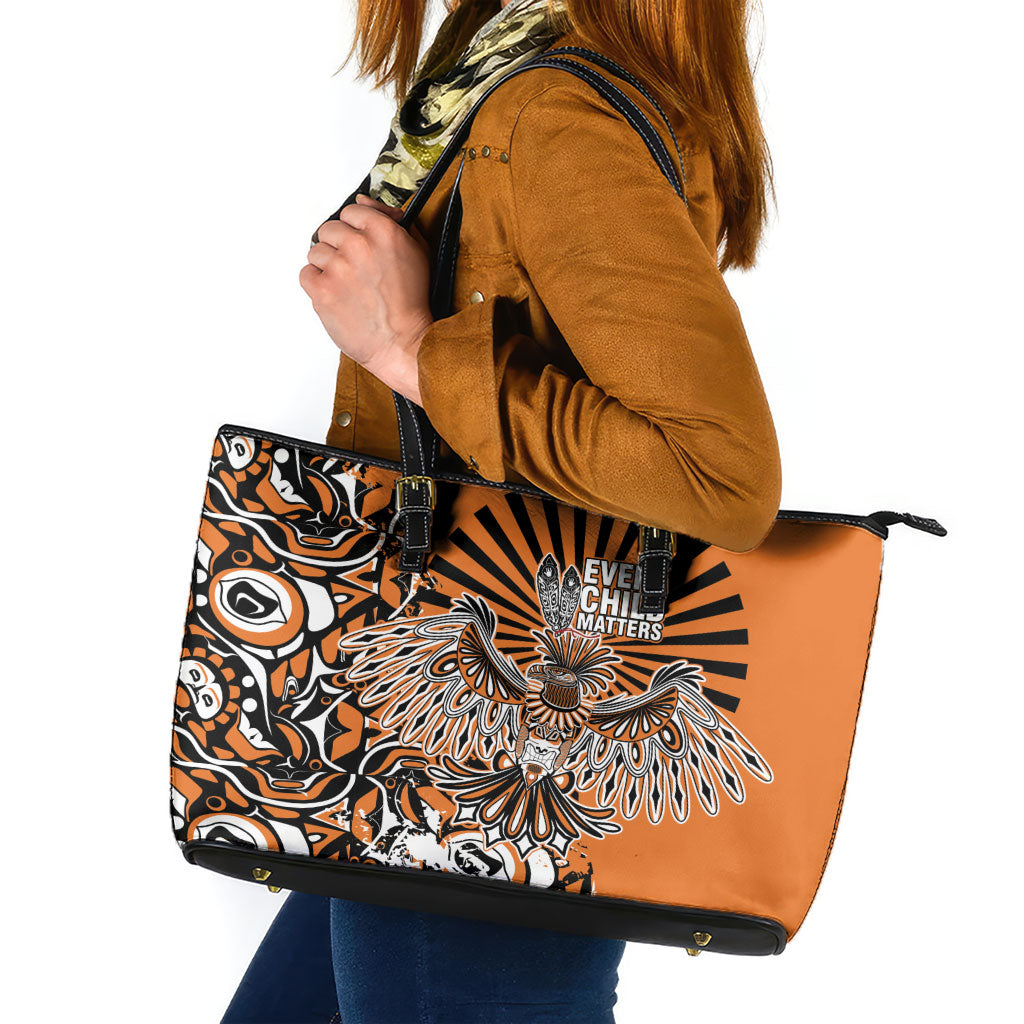 Canada Indigenous Orange Leather Tote Bag Haida Art Thunder Bird