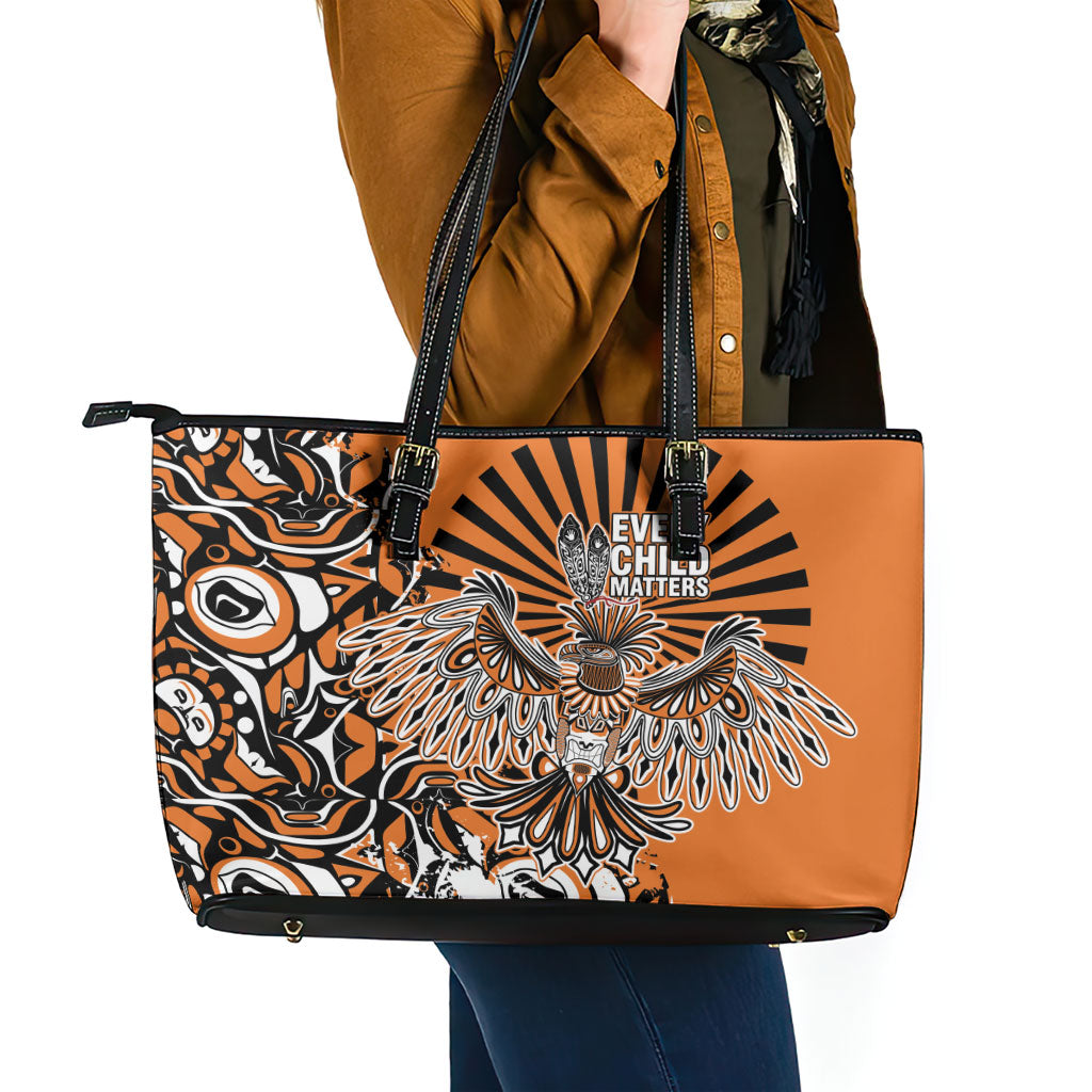 Canada Indigenous Orange Leather Tote Bag Haida Art Thunder Bird
