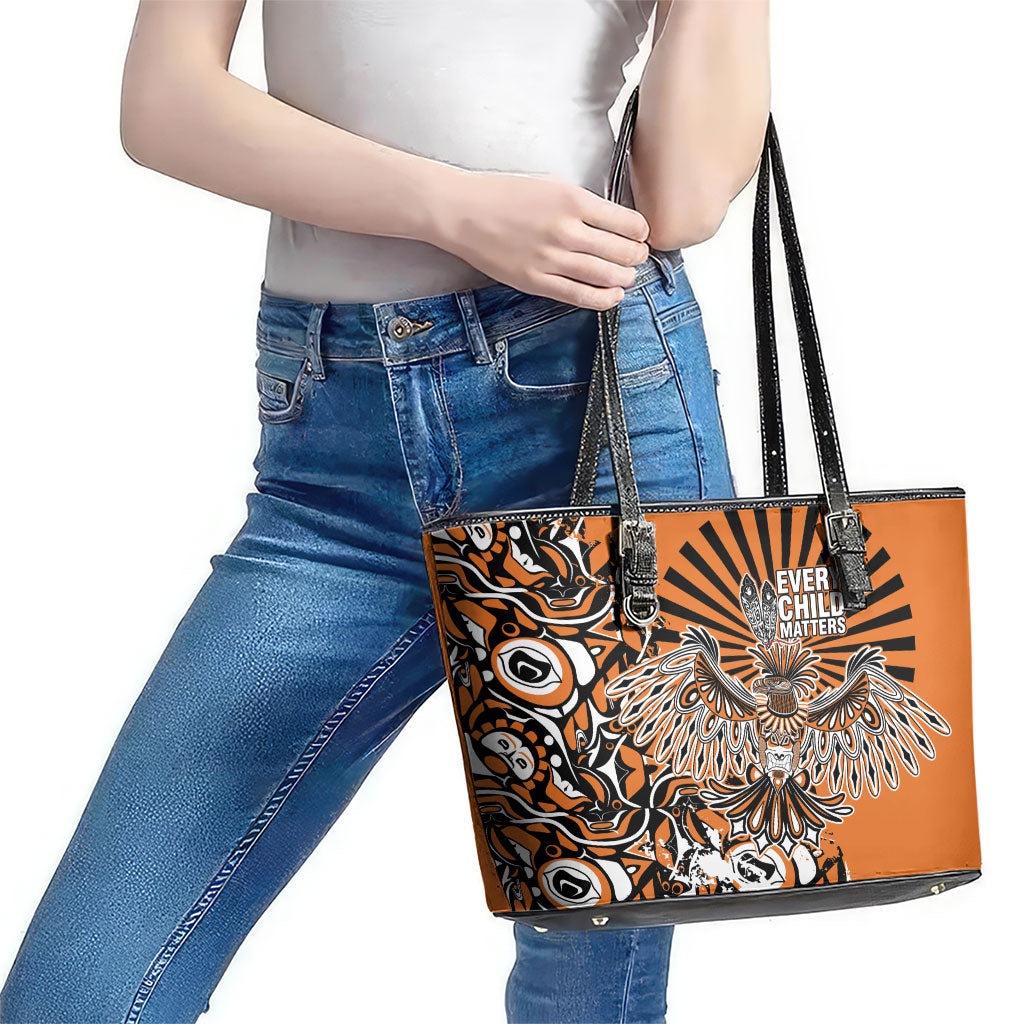 Canada Indigenous Orange Leather Tote Bag Haida Art Thunder Bird