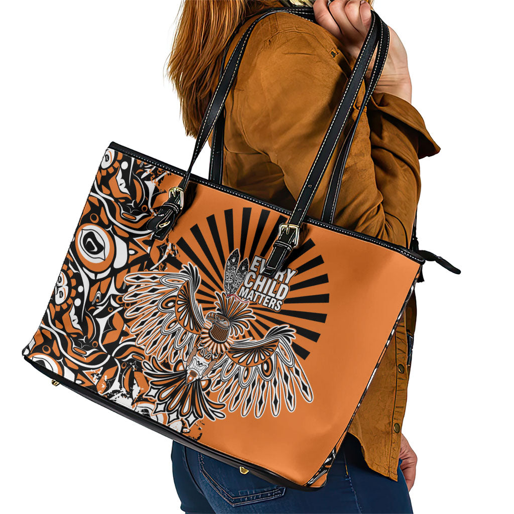 Canada Indigenous Orange Leather Tote Bag Haida Art Thunder Bird