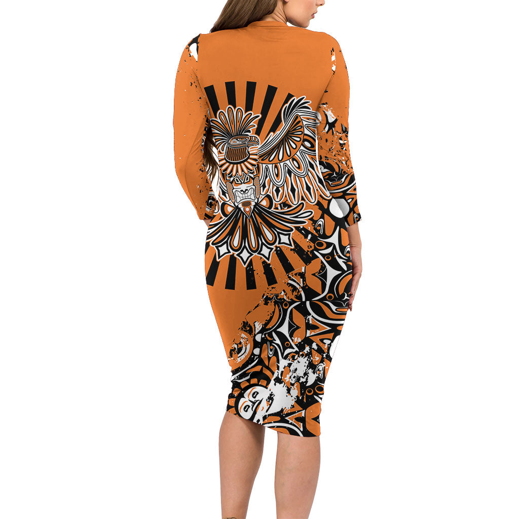 Canada Indigenous Orange Long Sleeve Bodycon Dress Haida Art Thunder Bird