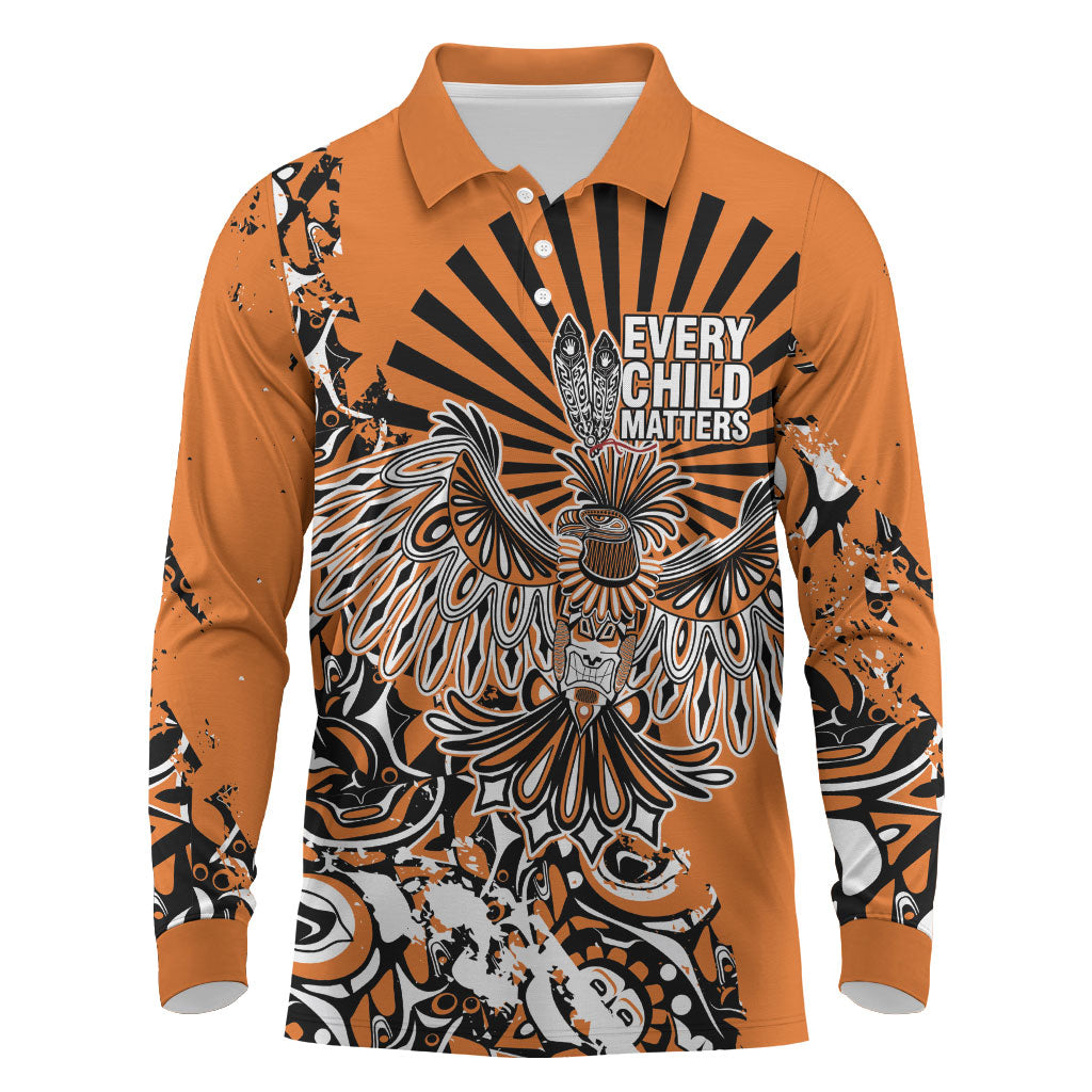 Canada Indigenous Orange Long Sleeve Polo Shirt Haida Art Thunder Bird
