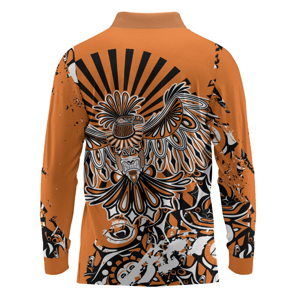 Canada Indigenous Orange Long Sleeve Polo Shirt Haida Art Thunder Bird