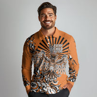 Canada Indigenous Orange Long Sleeve Polo Shirt Haida Art Thunder Bird