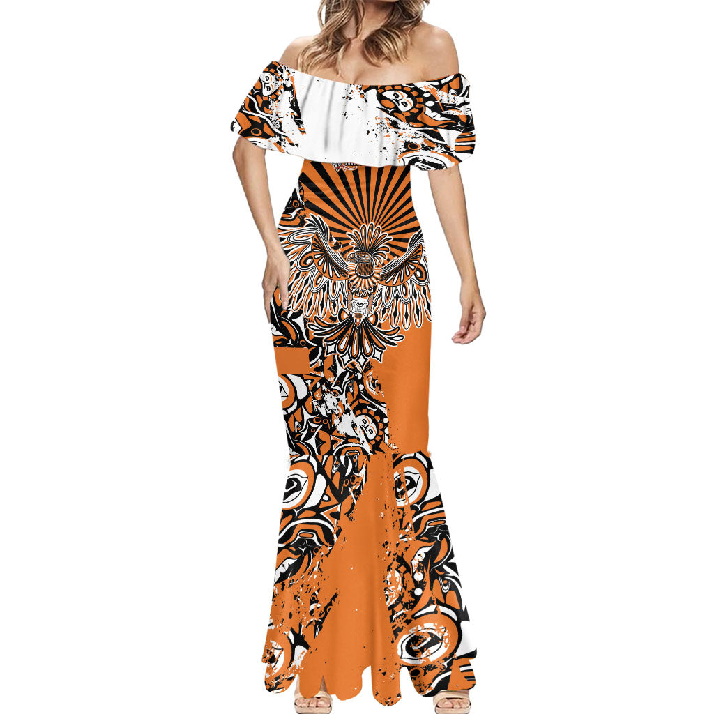 Canada Indigenous Orange Mermaid Dress Haida Art Thunder Bird