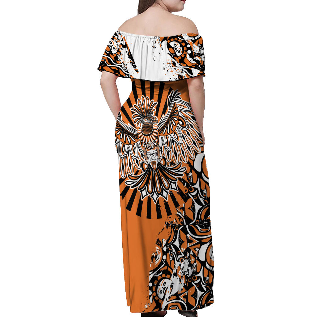 Canada Indigenous Orange Off Shoulder Maxi Dress Haida Art Thunder Bird