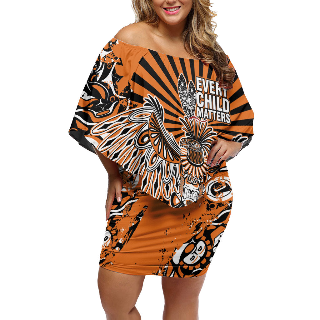 Canada Indigenous Orange Off Shoulder Short Dress Haida Art Thunder Bird