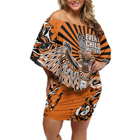 Canada Indigenous Orange Off Shoulder Short Dress Haida Art Thunder Bird