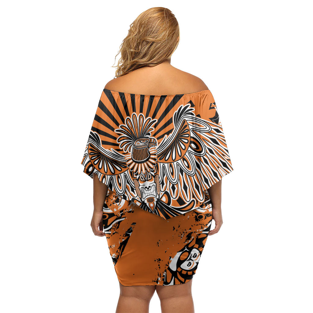 Canada Indigenous Orange Off Shoulder Short Dress Haida Art Thunder Bird