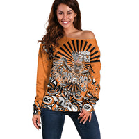 Canada Indigenous Orange Off Shoulder Sweater Haida Art Thunder Bird