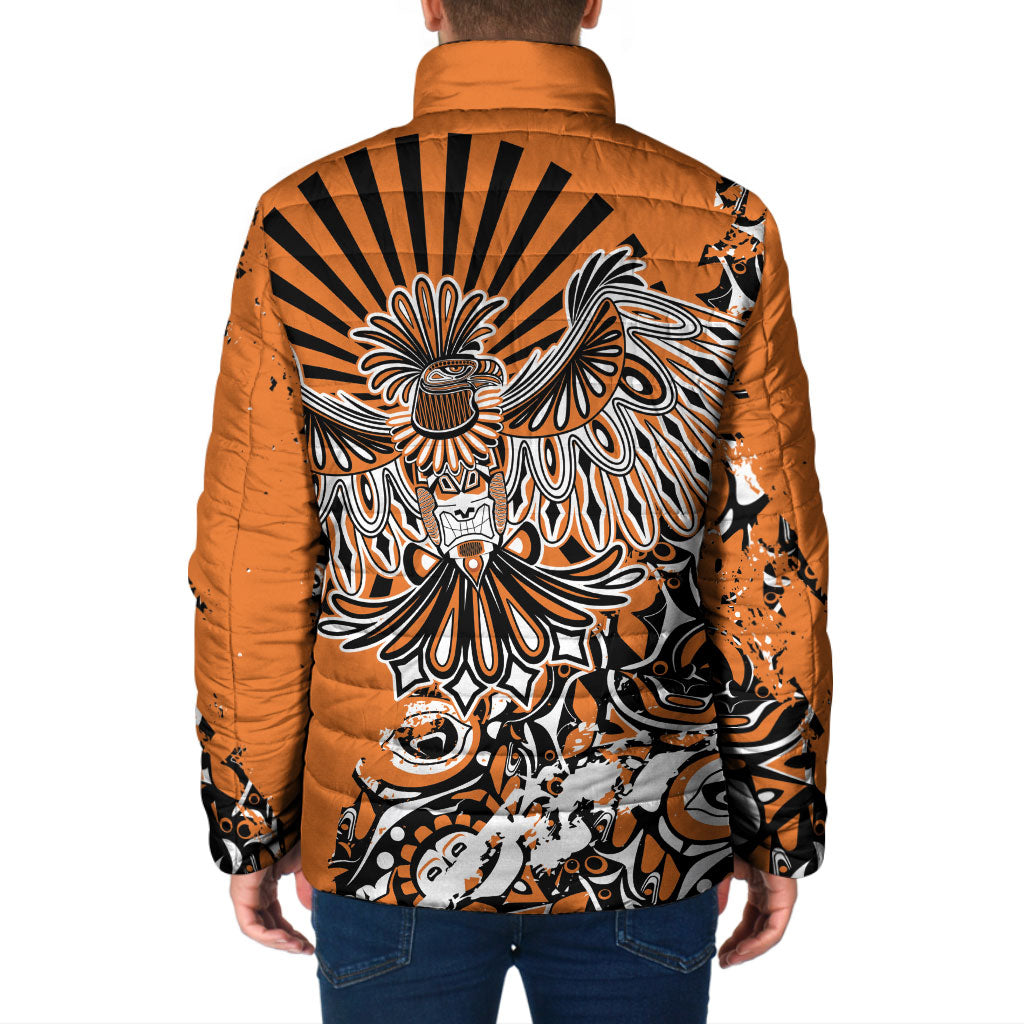Canada Indigenous Orange Padded Jacket Haida Art Thunder Bird