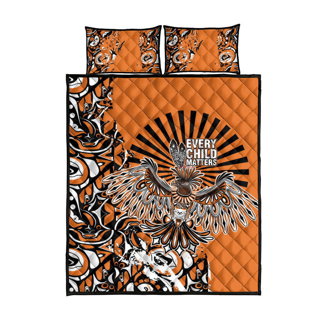 Canada Indigenous Orange Quilt Bed Set Haida Art Thunder Bird