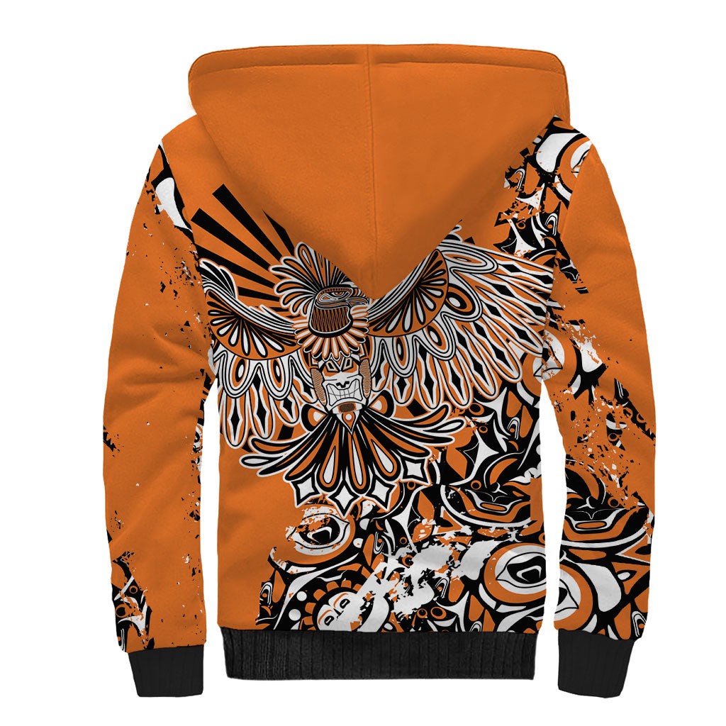 Canada Indigenous Orange Sherpa Hoodie Haida Art Thunder Bird