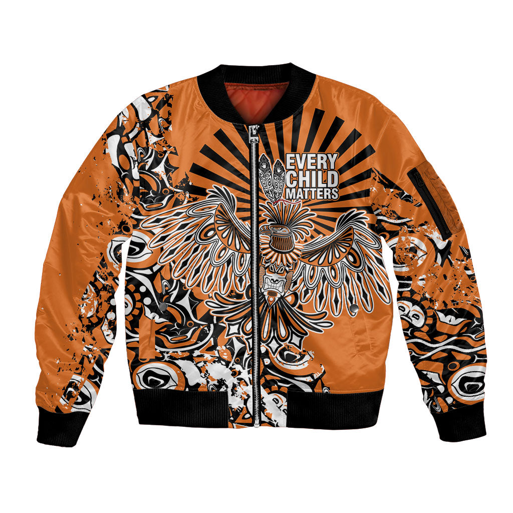 Canada Indigenous Orange Sleeve Zip Bomber Jacket Haida Art Thunder Bird