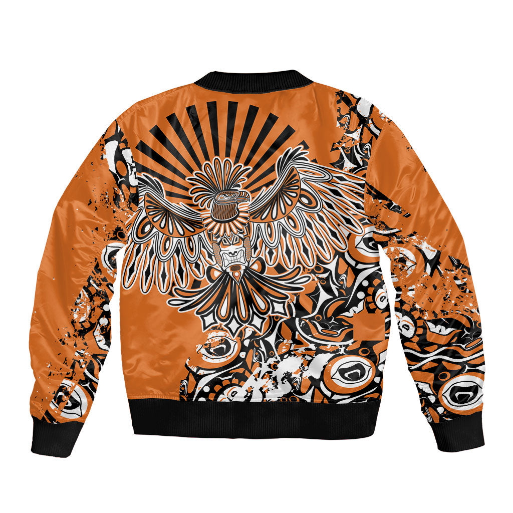 Canada Indigenous Orange Sleeve Zip Bomber Jacket Haida Art Thunder Bird