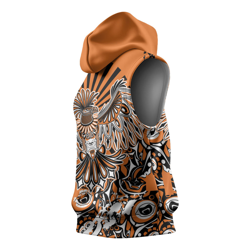 Canada Indigenous Orange Sleeveless Hoodie Haida Art Thunder Bird