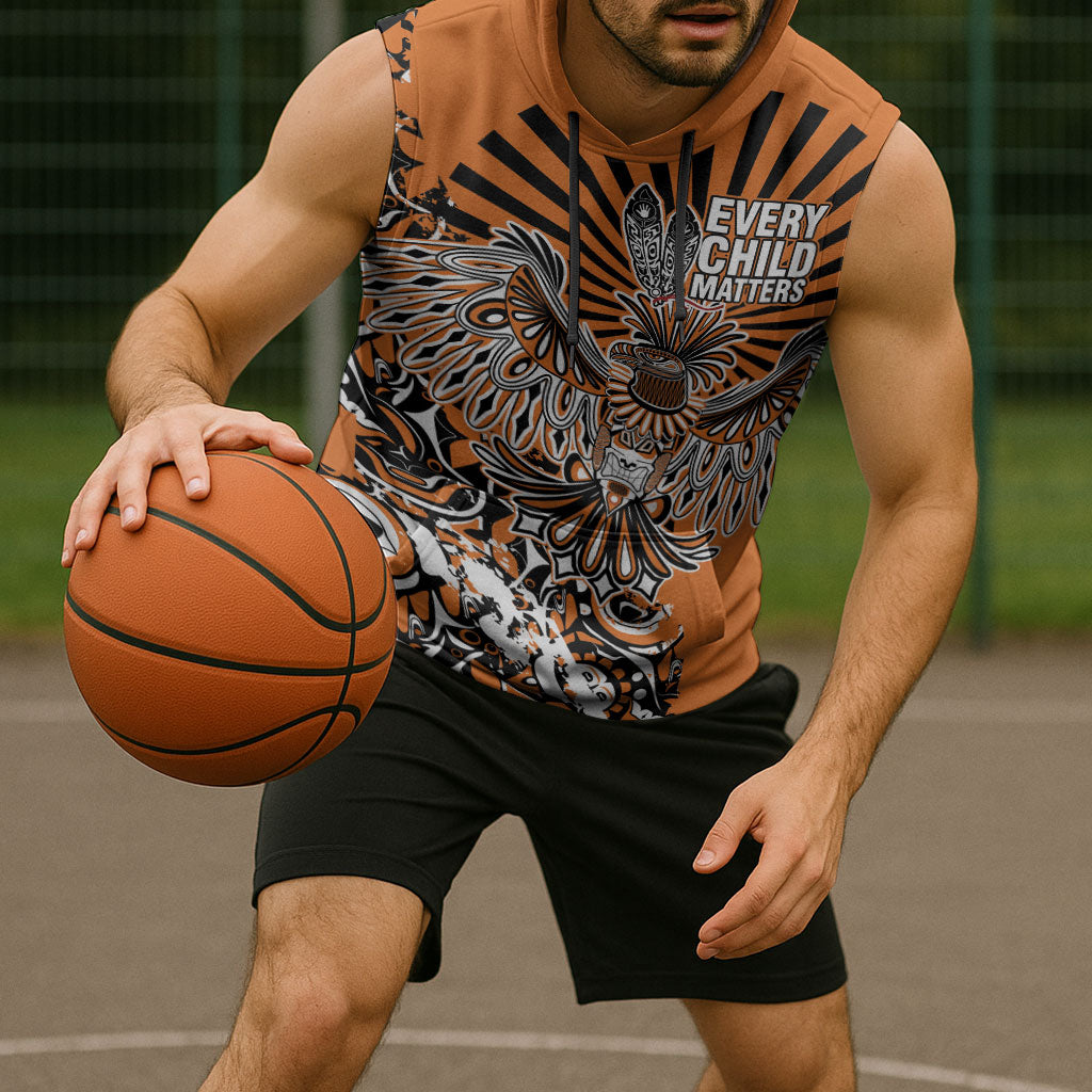 Canada Indigenous Orange Sleeveless Hoodie Haida Art Thunder Bird
