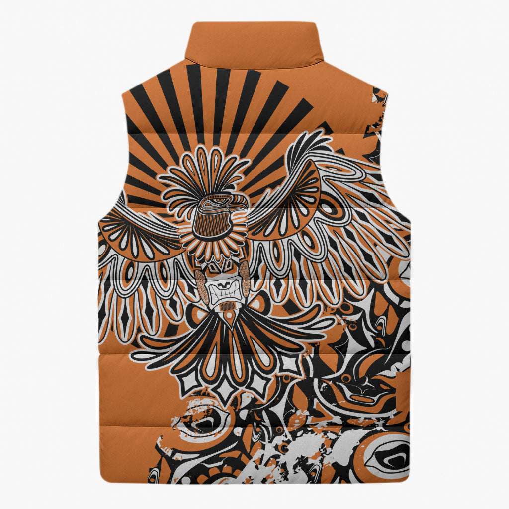 Canada Indigenous Orange Sleeveless Puffer Jacket Haida Art Thunder Bird