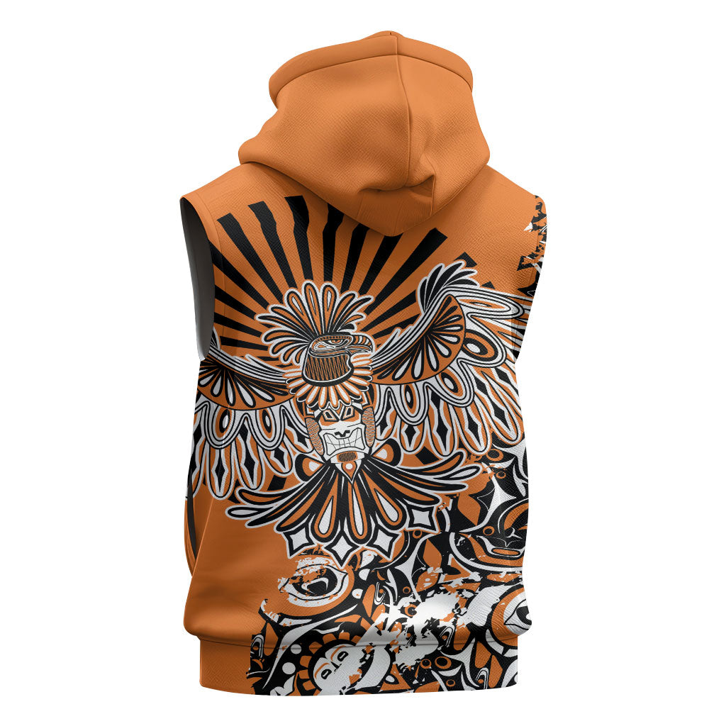 Canada Indigenous Orange Sleeveless Zip Hoodie Haida Art Thunder Bird