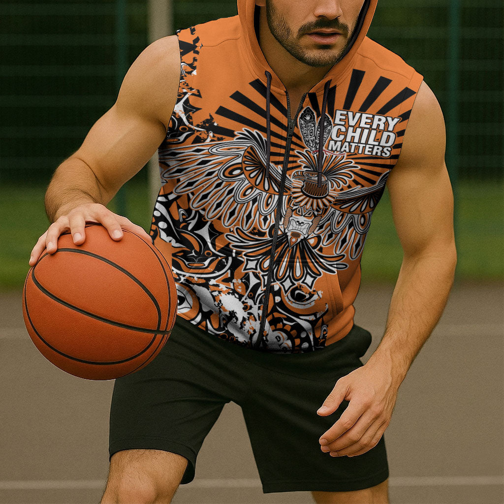 Canada Indigenous Orange Sleeveless Zip Hoodie Haida Art Thunder Bird