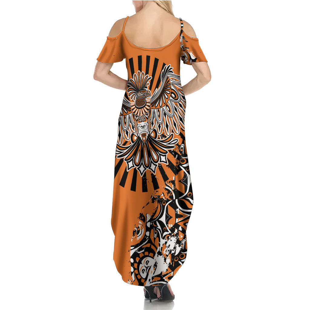 Canada Indigenous Orange Summer Maxi Dress Haida Art Thunder Bird