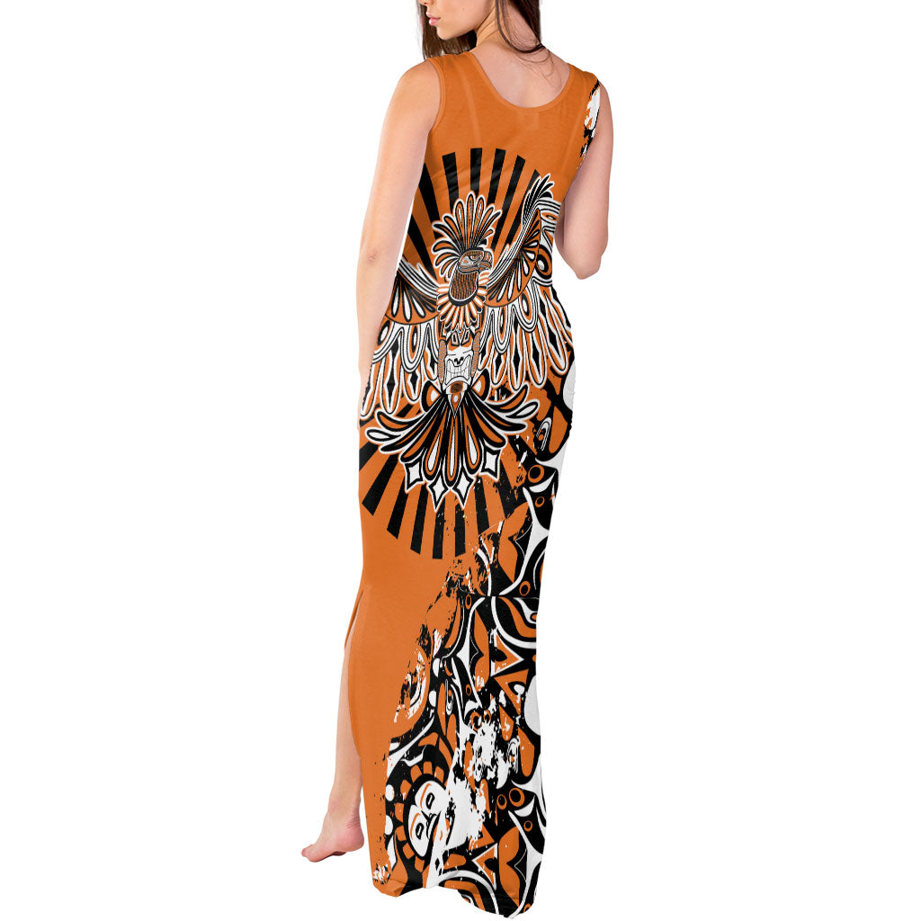 Canada Indigenous Orange Tank Maxi Dress Haida Art Thunder Bird