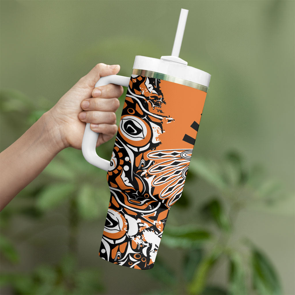 Canada Indigenous Orange Tumbler With Handle Haida Art Thunder Bird
