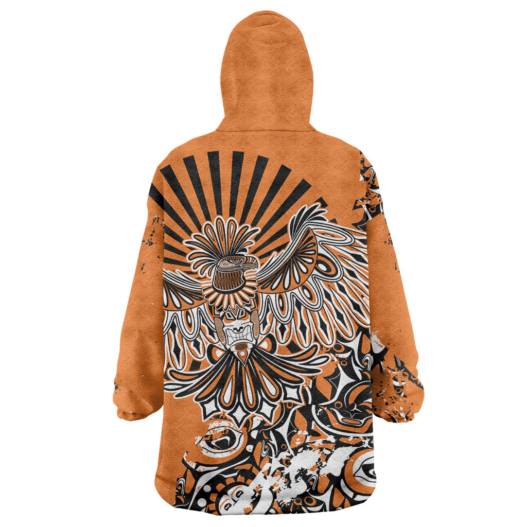 Canada Indigenous Orange Wearable Blanket Hoodie Haida Art Thunder Bird