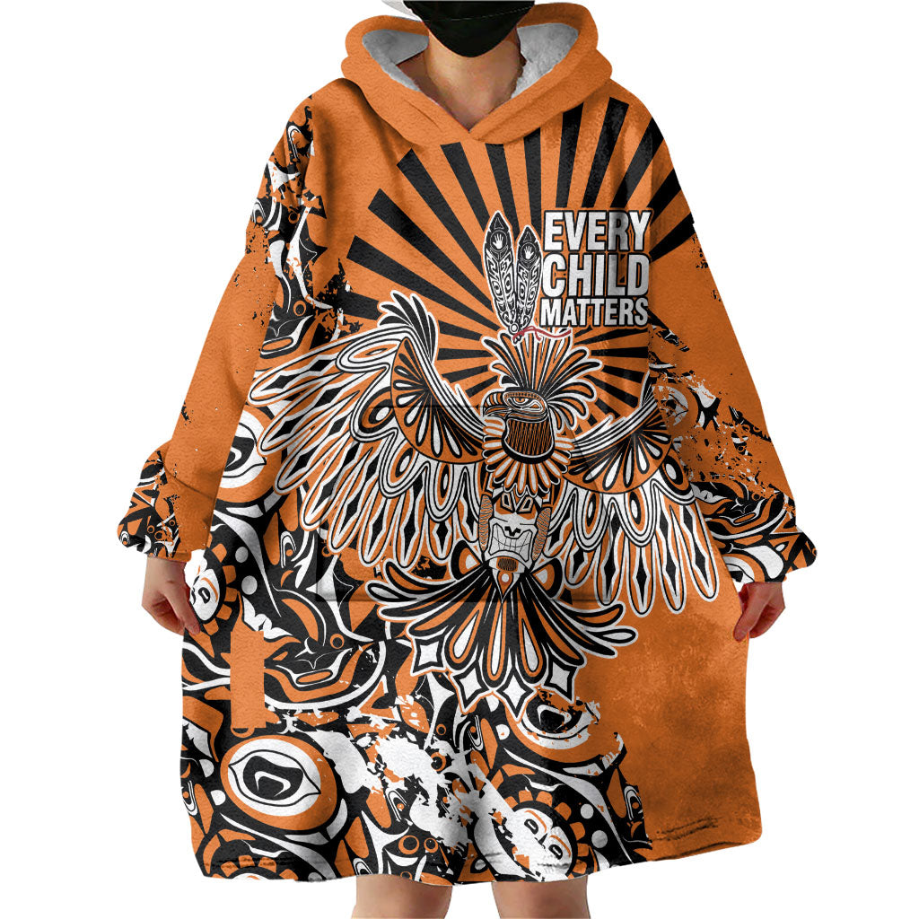 Canada Indigenous Orange Wearable Blanket Hoodie Haida Art Thunder Bird