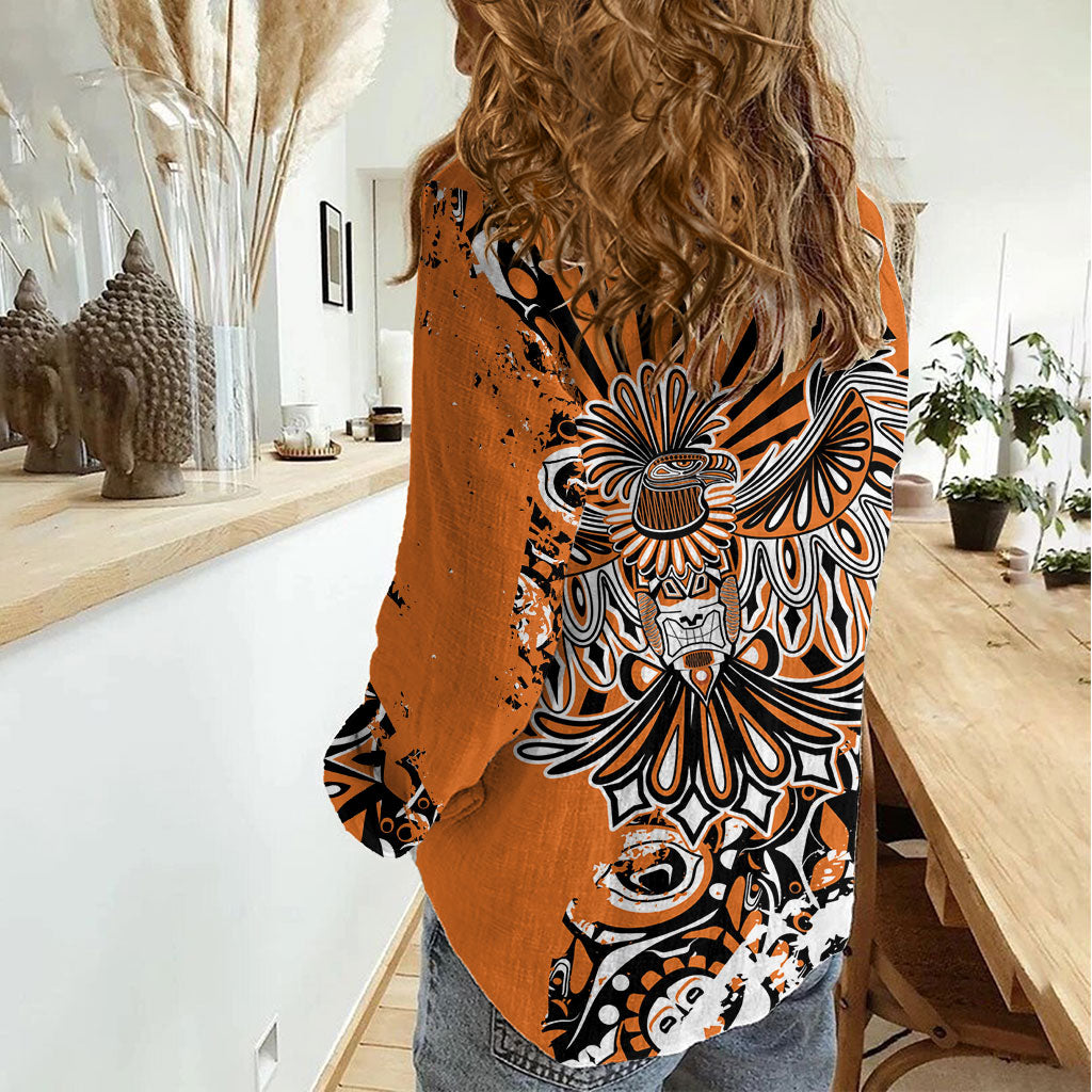 Canada Indigenous Orange Women Casual Shirt Haida Art Thunder Bird