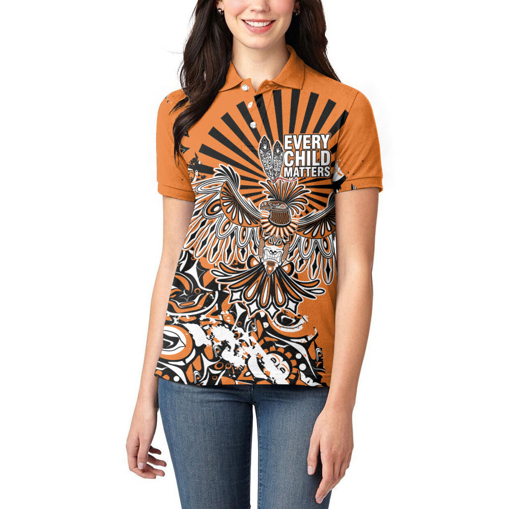 Canada Indigenous Orange Women Polo Shirt Haida Art Thunder Bird