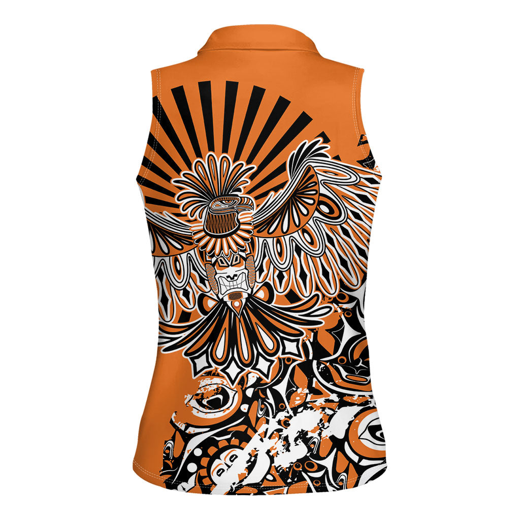 Canada Indigenous Orange Women Sleeveless Polo Shirt Haida Art Thunder Bird