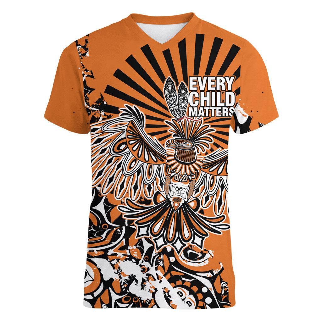 Canada Indigenous Orange Women V-Neck T-Shirt Haida Art Thunder Bird