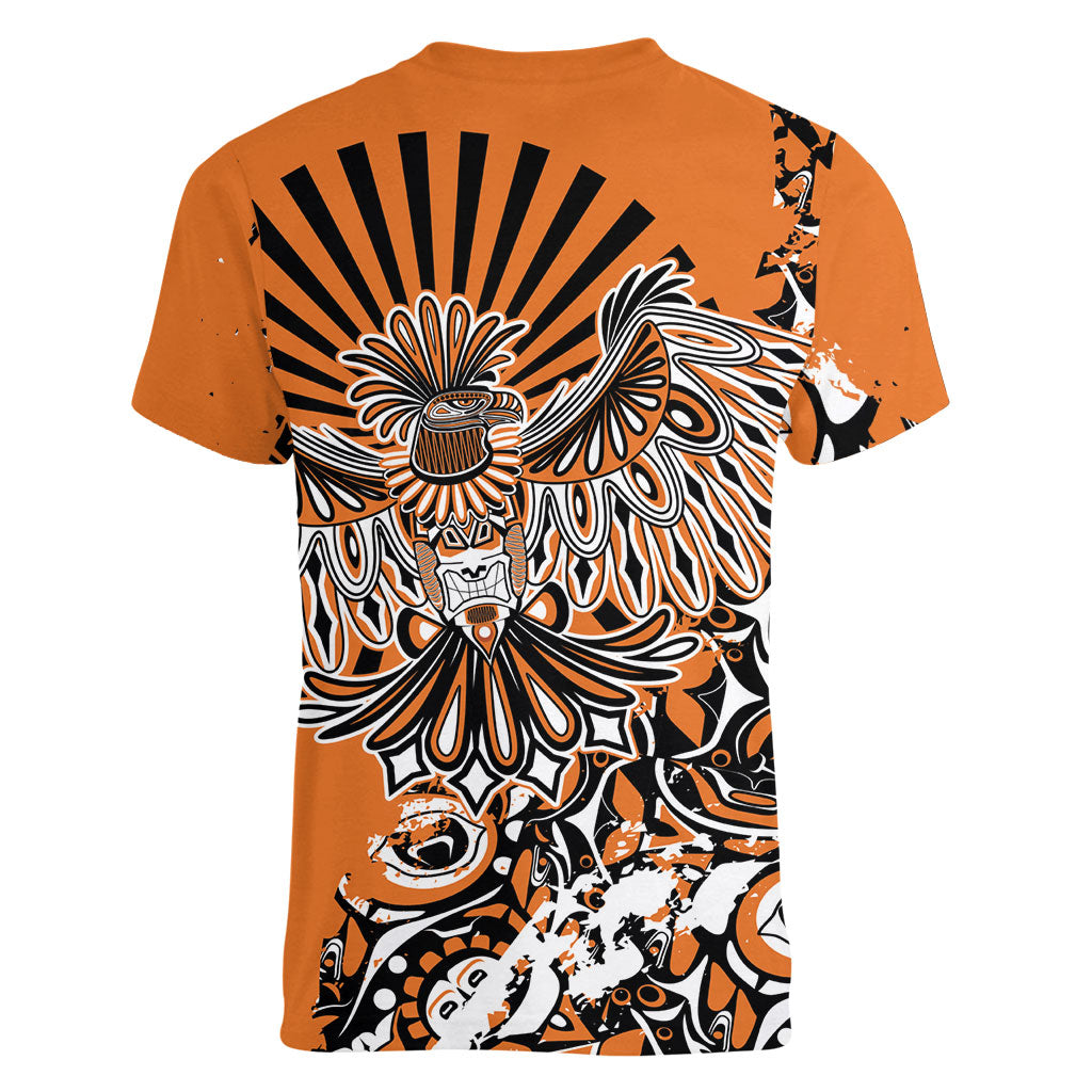 Canada Indigenous Orange Women V-Neck T-Shirt Haida Art Thunder Bird