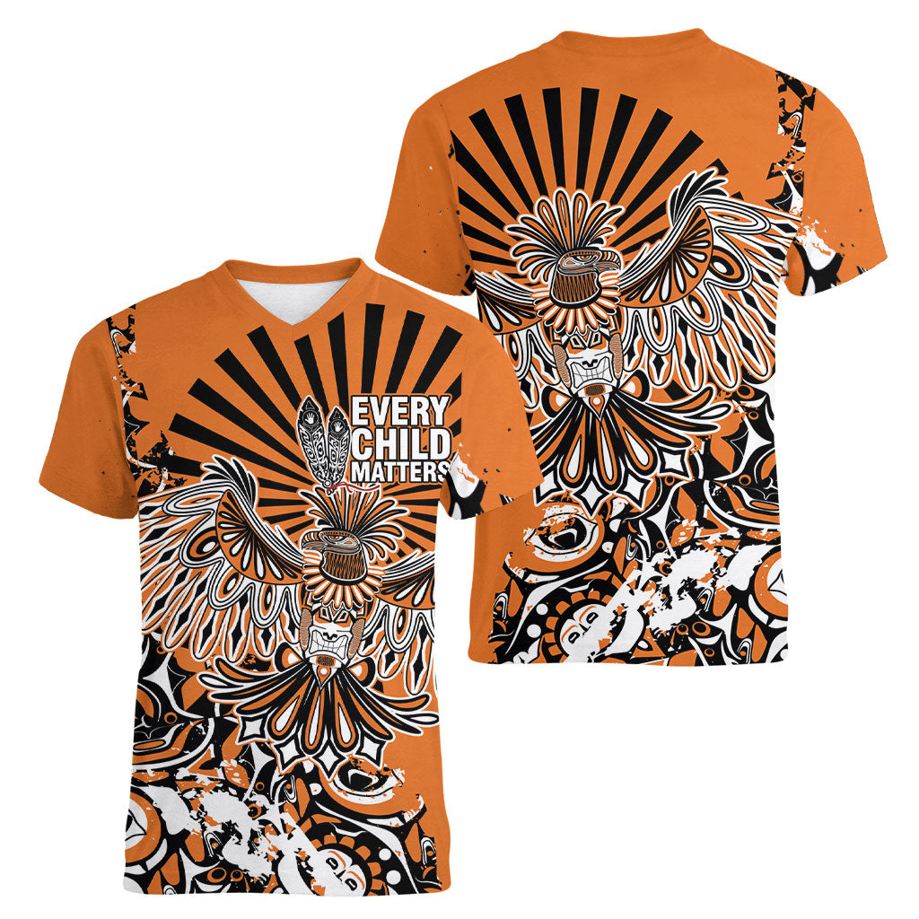 Canada Indigenous Orange Women V-Neck T-Shirt Haida Art Thunder Bird