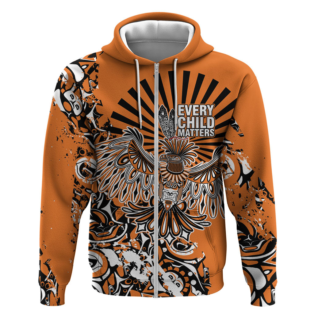Canada Indigenous Orange Zip Hoodie Haida Art Thunder Bird