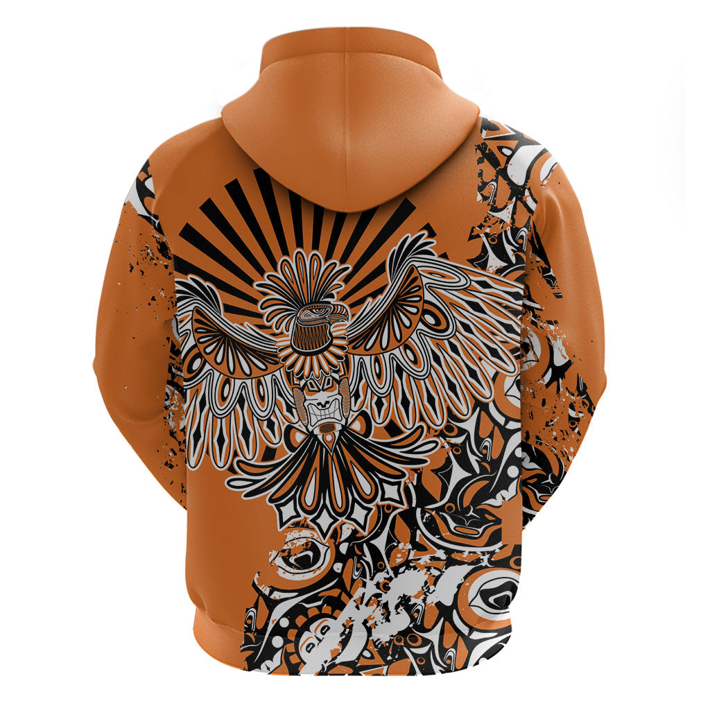 Canada Indigenous Orange Zip Hoodie Haida Art Thunder Bird