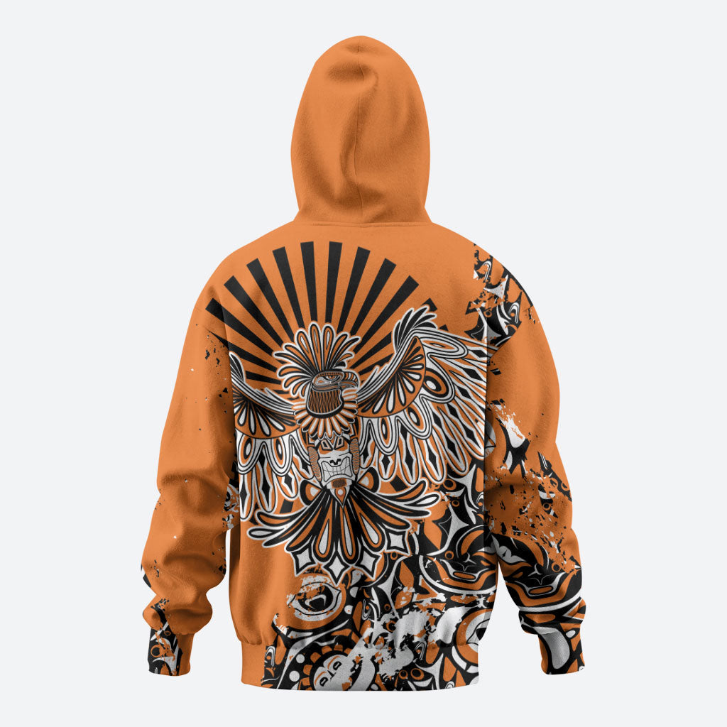 Canada Indigenous Orange Zip Hoodie Haida Art Thunder Bird