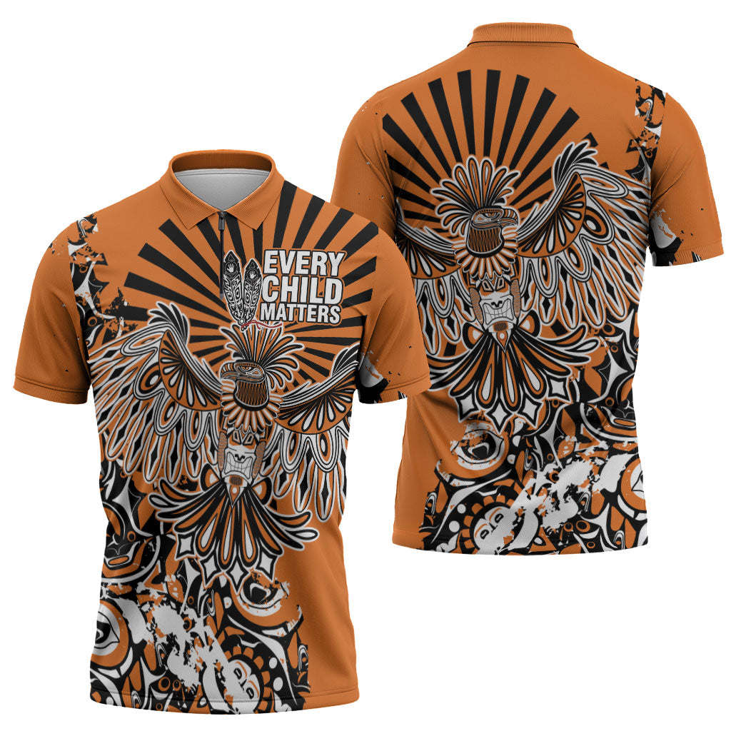 Canada Indigenous Orange Zipper Polo Shirt Haida Art Thunder Bird