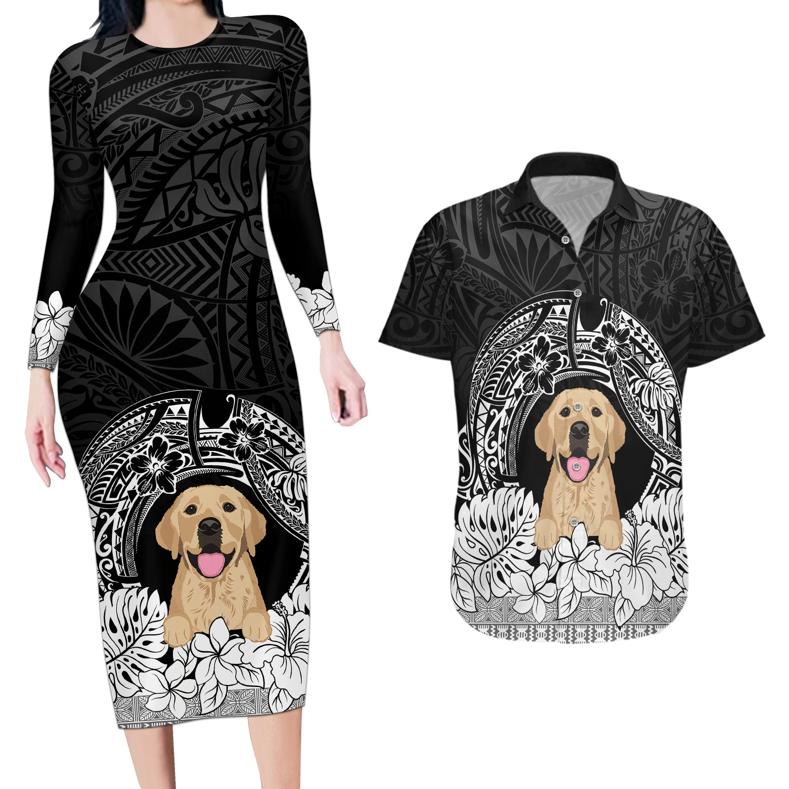 Personalised Dog Couples Matching Long Sleeve Bodycon Dress and Hawaiian Shirt Golden Retriever With Polynesian Tapa Arch LT7 - Wonder Print Shop